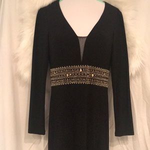 Long, black, beaded formal gown